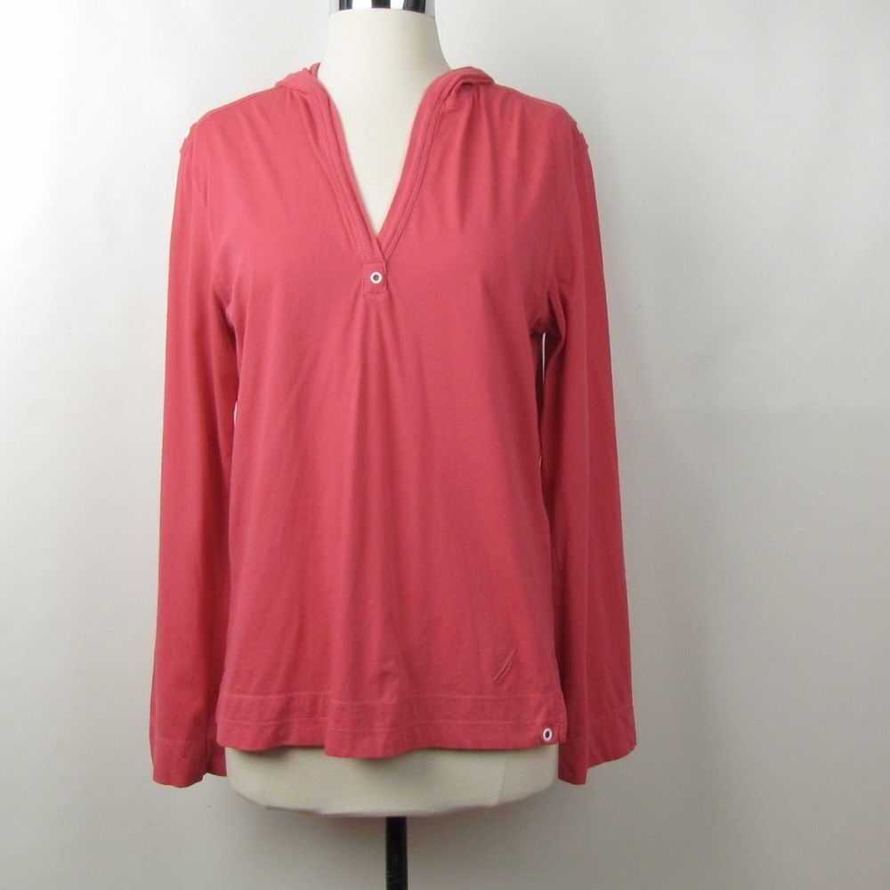 Nautica Coral Long Sleeve Hooded Cotton T-Shirt M